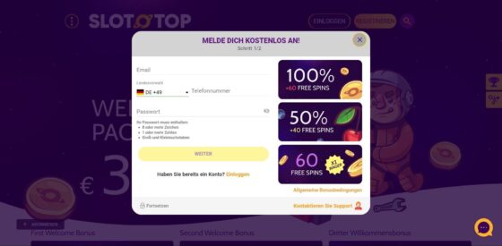Anmeldung SlotoTop Casino