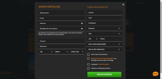 Anmeldung VegaDream Casino