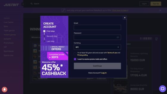 Anmeldung JustBit Casino